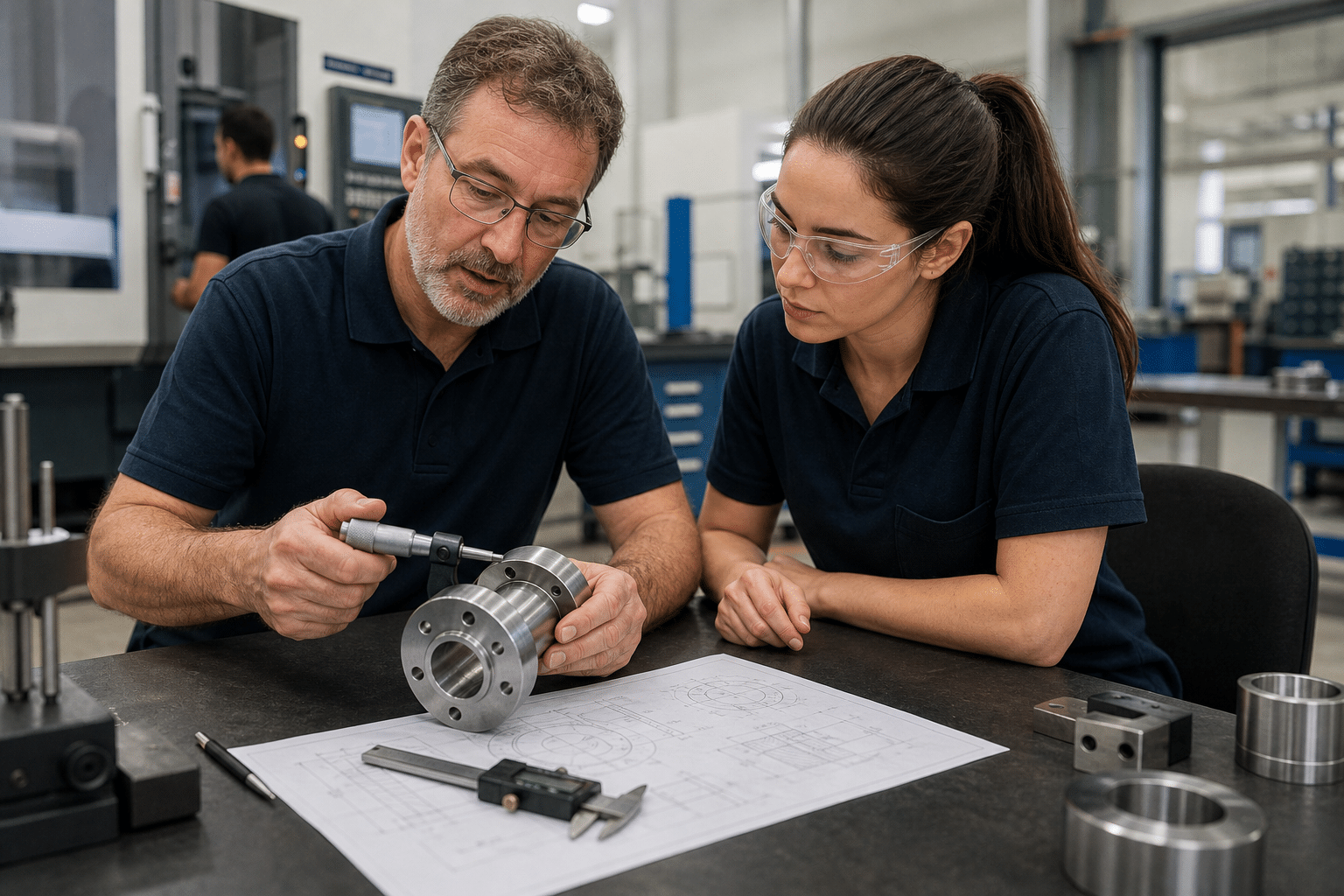Quality control inspector teaching an adult trainee to measure a manufactured part
