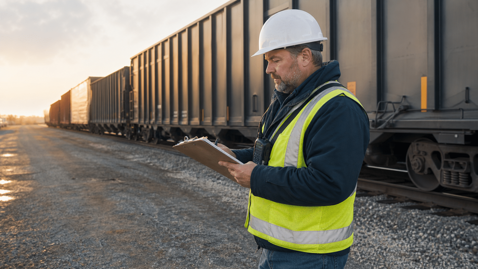 Railroad conductor reviewing a freight train consist in a rail yard