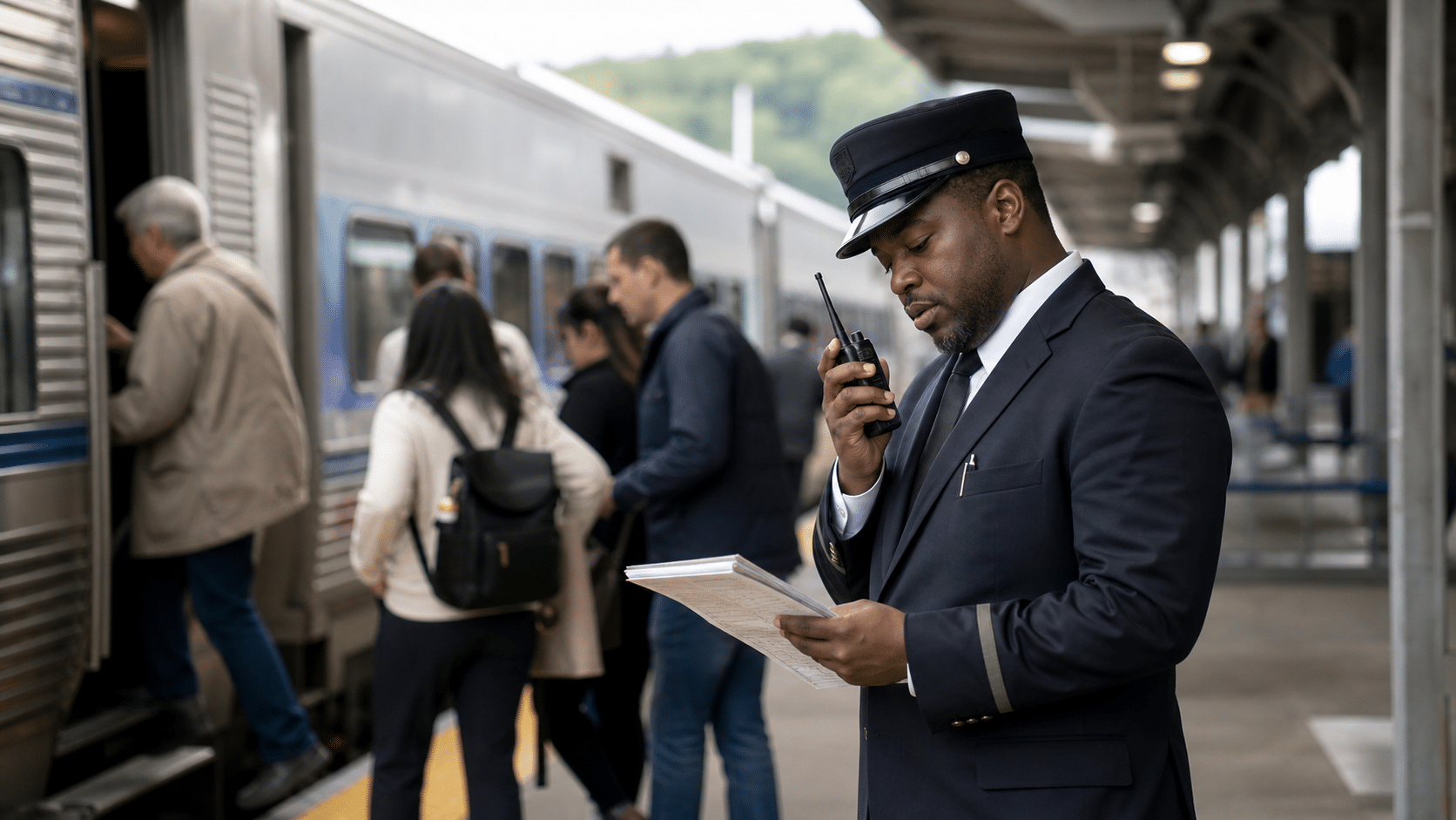 Passenger train conductor coordinating boarding at a station platform