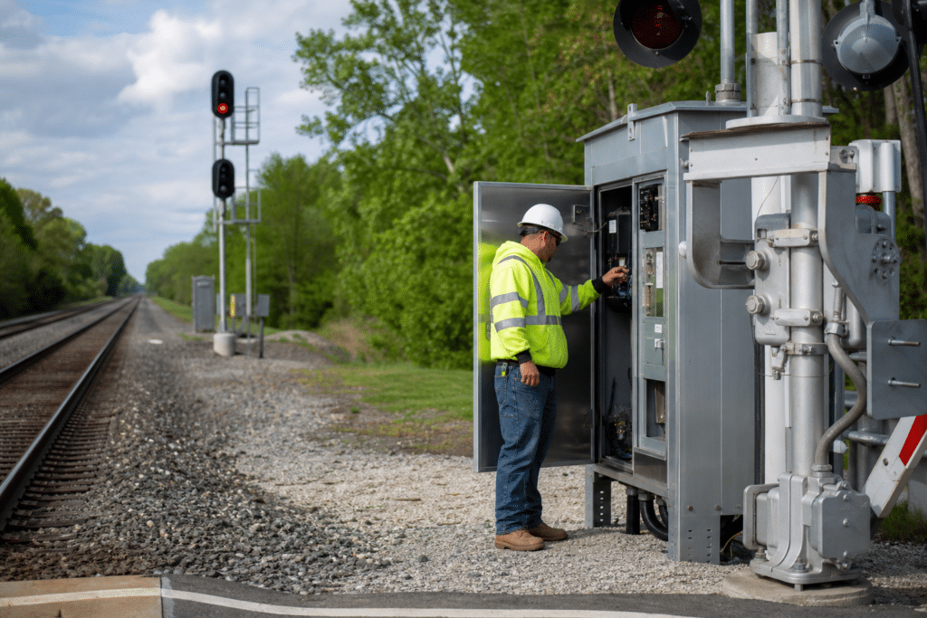 Railroad signal maintainer inspecting trackside signal equipment