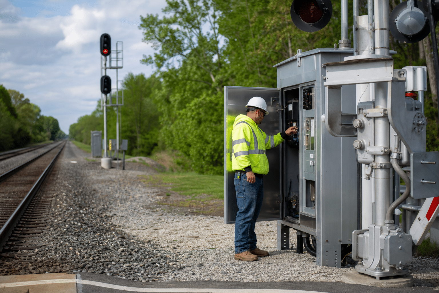Railroad signal maintainer inspecting trackside signal equipment