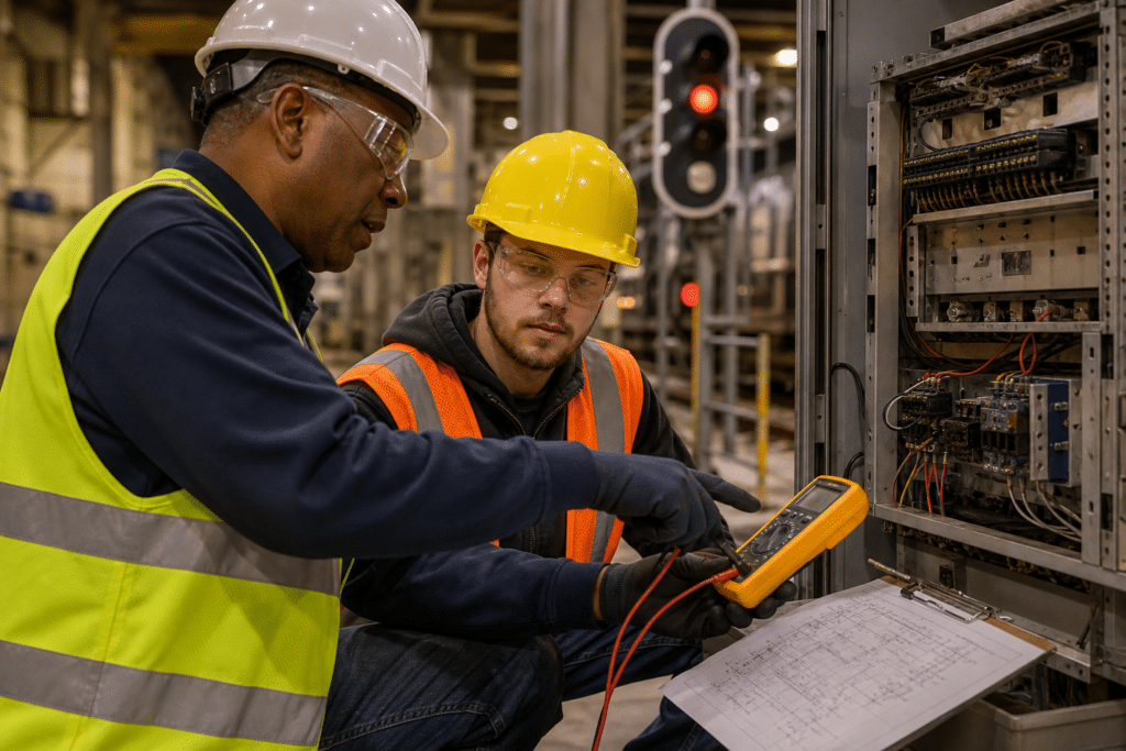 Experienced railroad signal technician training an adult helper with a schematic