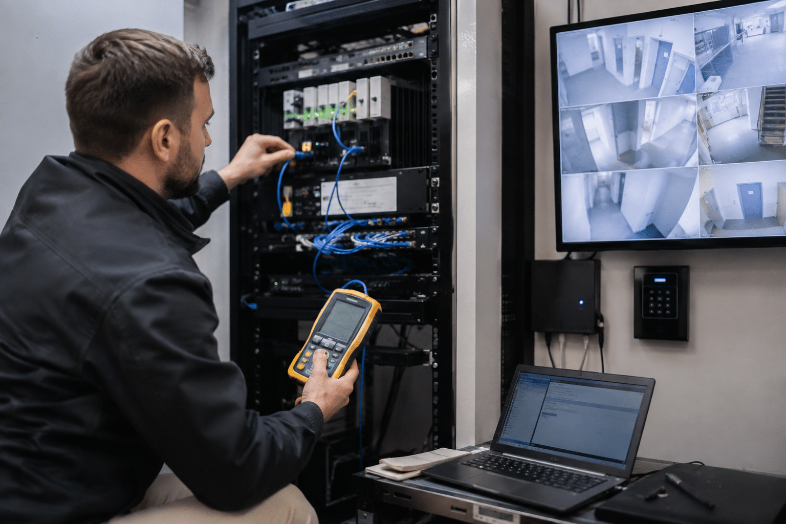 Security systems technician testing security equipment