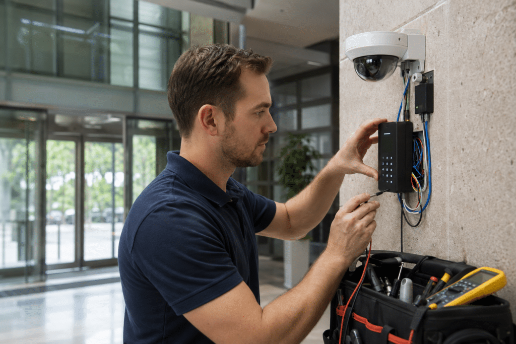 Security systems technician installing an access control reader