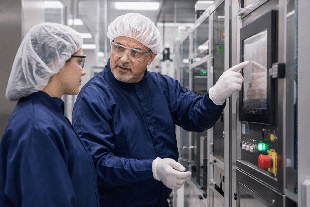 Experienced semiconductor technician training an adult learner on cleanroom equipment