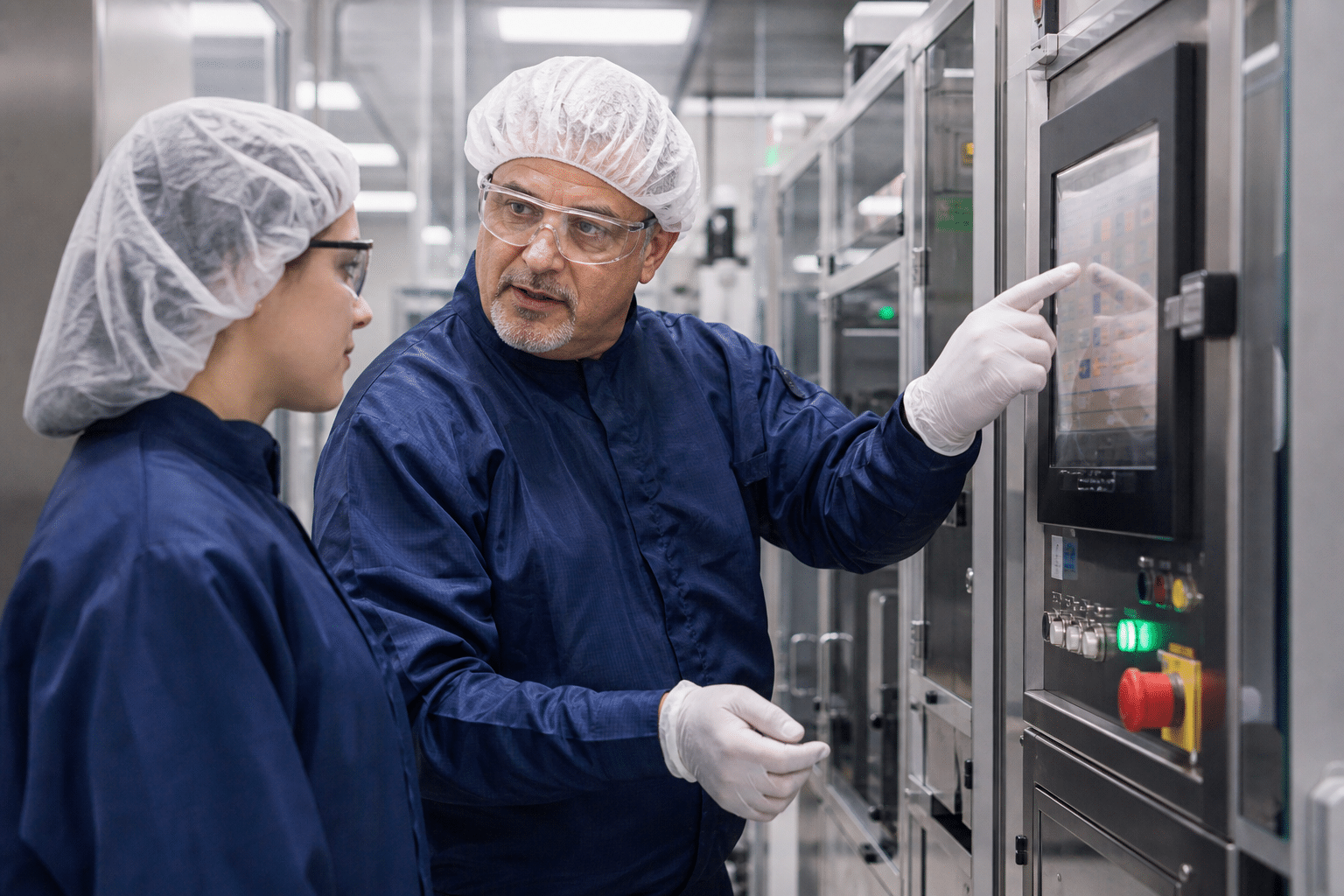Experienced semiconductor technician training an adult learner on cleanroom equipment