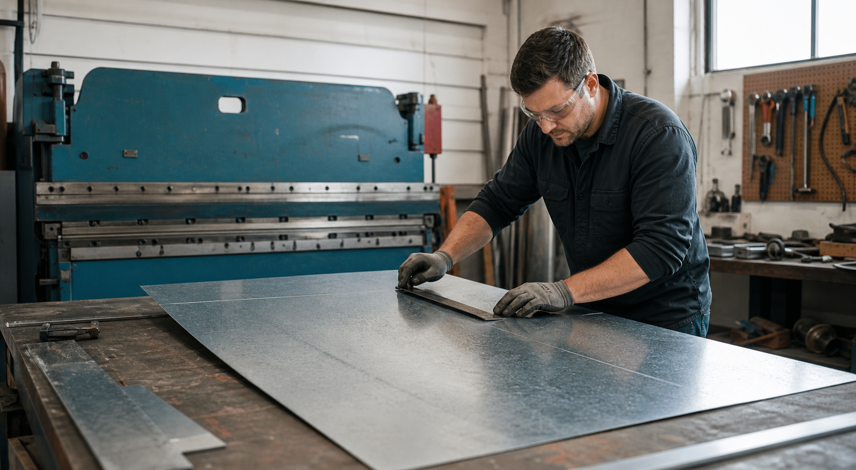 Sheet metal worker measuring and shaping a large metal panel in a fabrication shop
