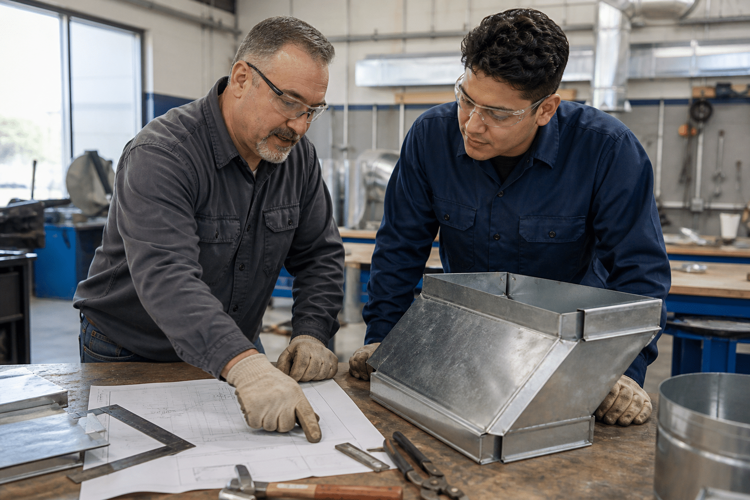 Sheet metal apprentice learning layout and duct fabrication from an experienced worker