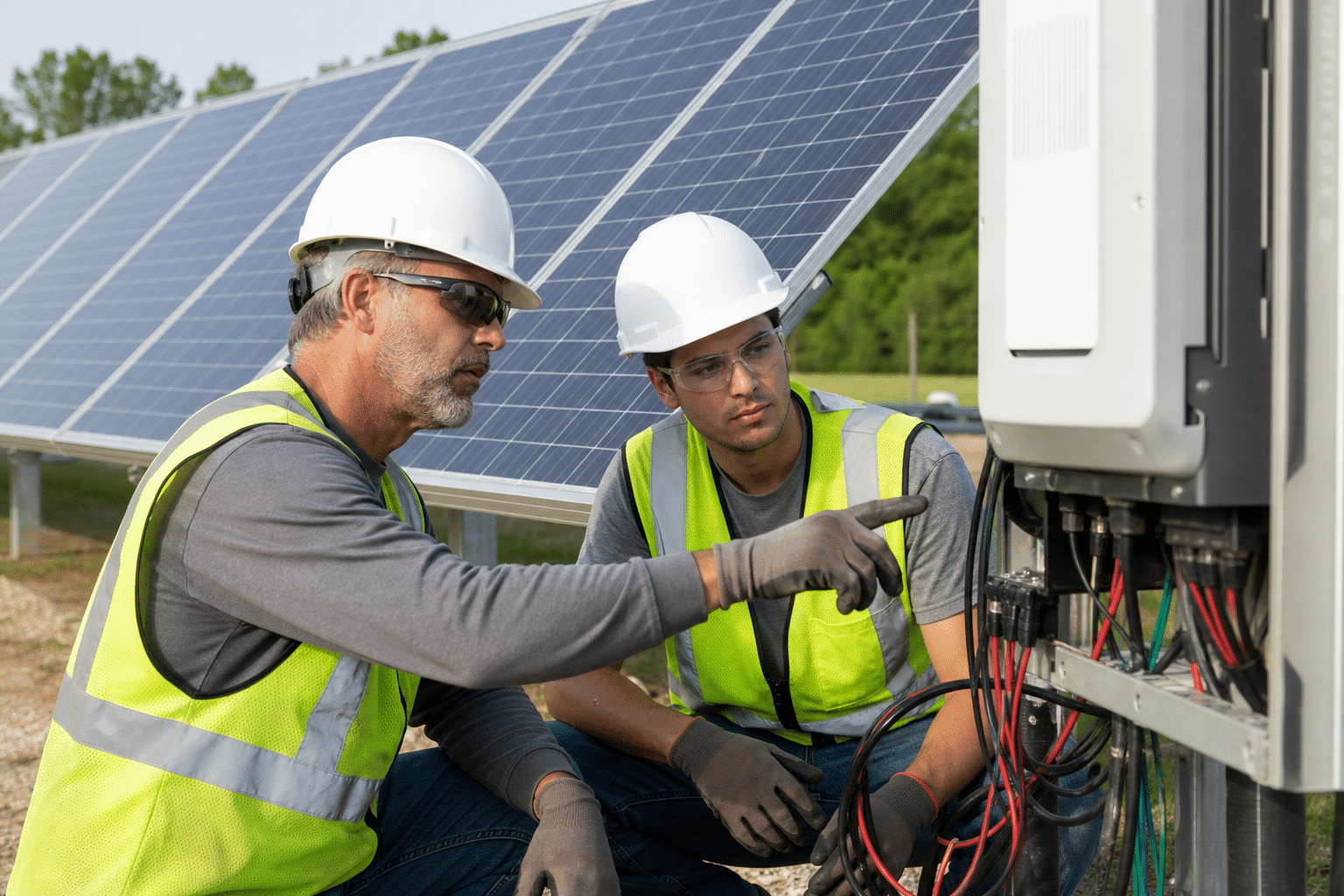 Solar installer mounting photovoltaic panels on a rooftop