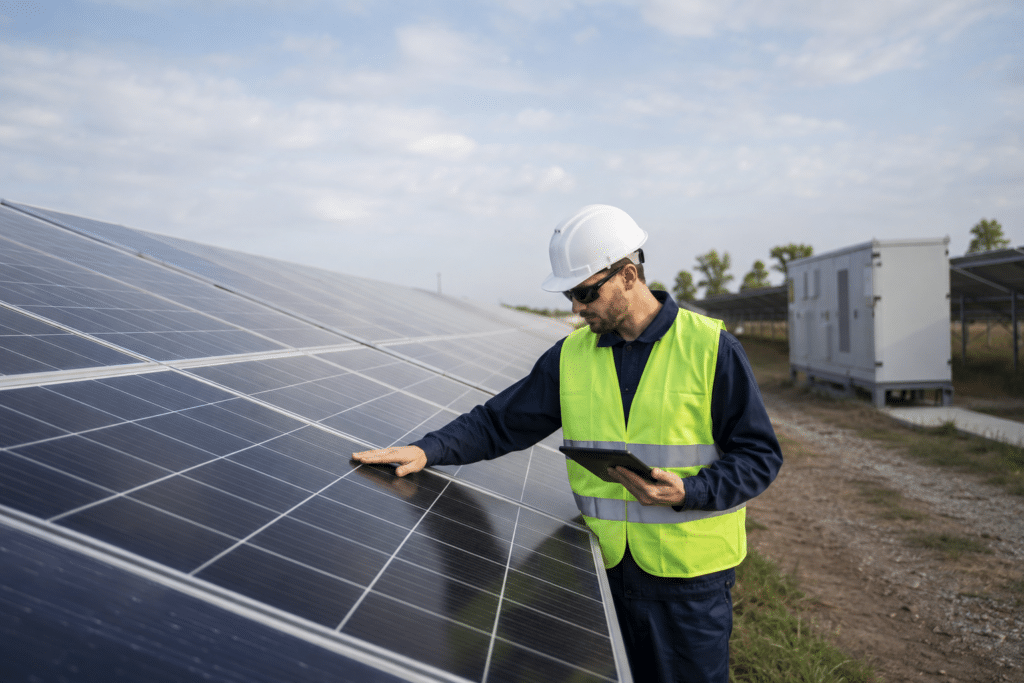 Solar maintenance technician inspecting a photovoltaic array