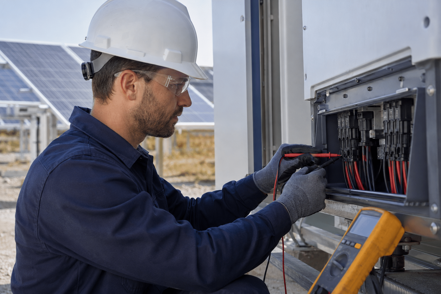 Solar maintenance technician testing an inverter and electrical connections
