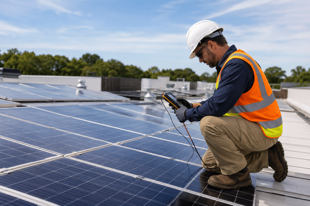 Solar panel inspector checking rooftop photovoltaic panels