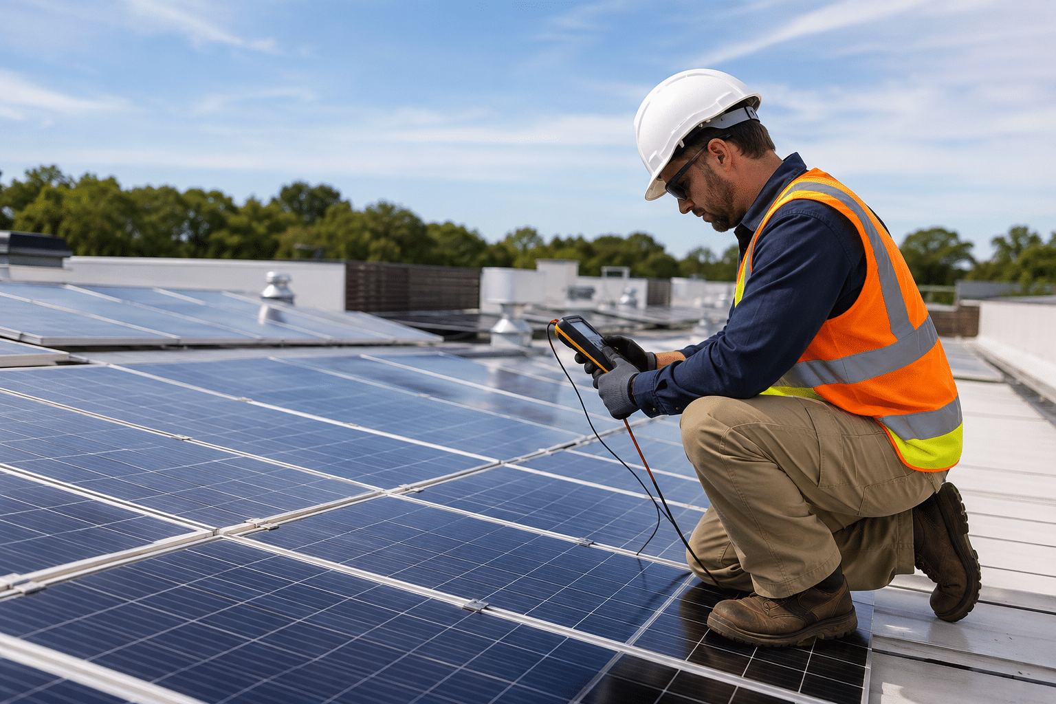 Solar panel inspector checking rooftop photovoltaic panels