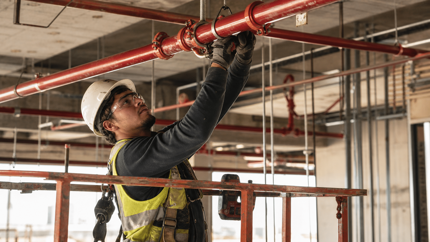 Sprinkler fitter apprentice installing overhead fire-protection piping on a construction site