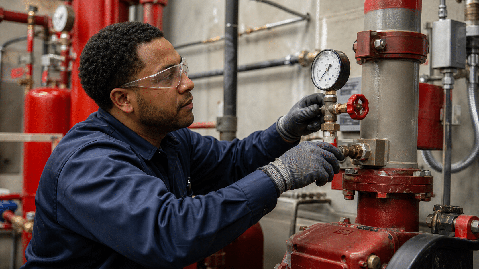 Fire sprinkler service technician testing a valve assembly and pressure gauge