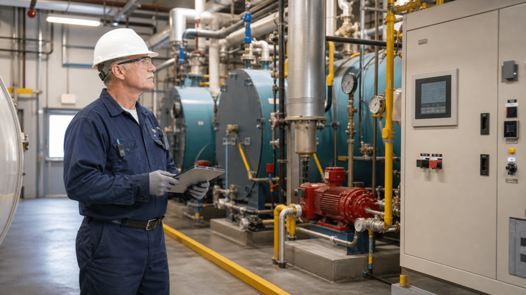 Stationary engineer monitoring boilers, pumps and gauges in a mechanical room