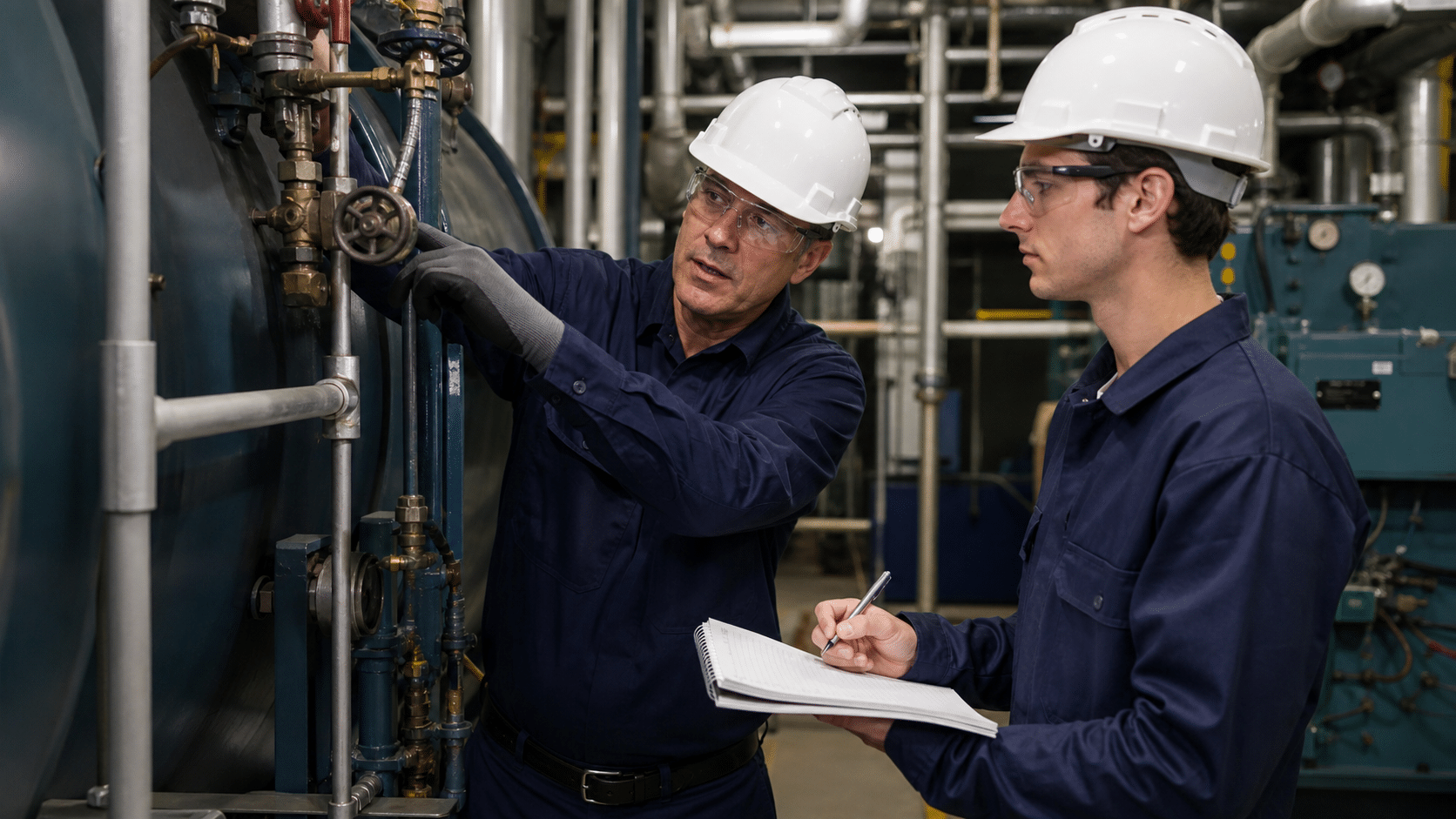 Stationary engineer and trainee inspecting a boiler and valve assembly