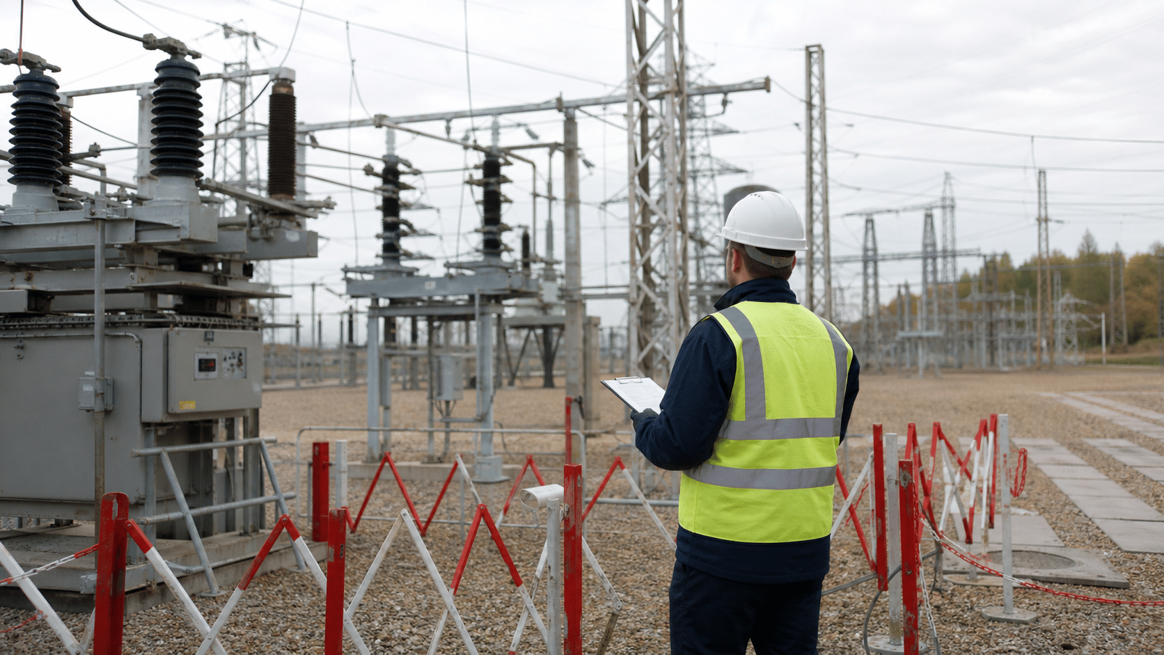 Substation technician inspecting electrical equipment behind safety barriers