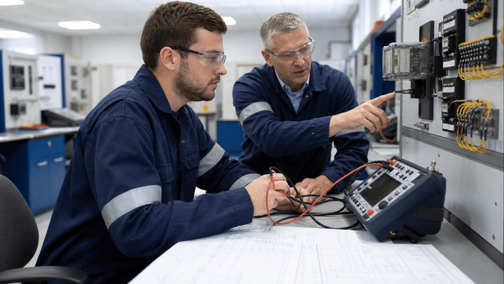 Experienced substation technician training an adult learner with a relay test set and electrical drawings