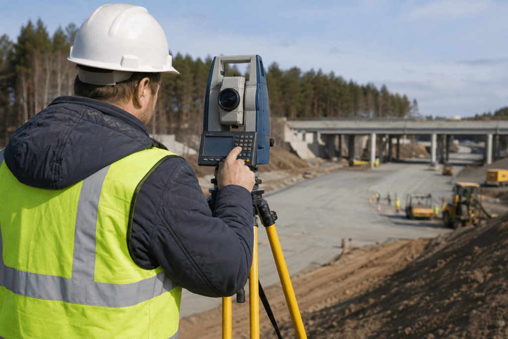 Surveying technician operating a total station at a road construction site