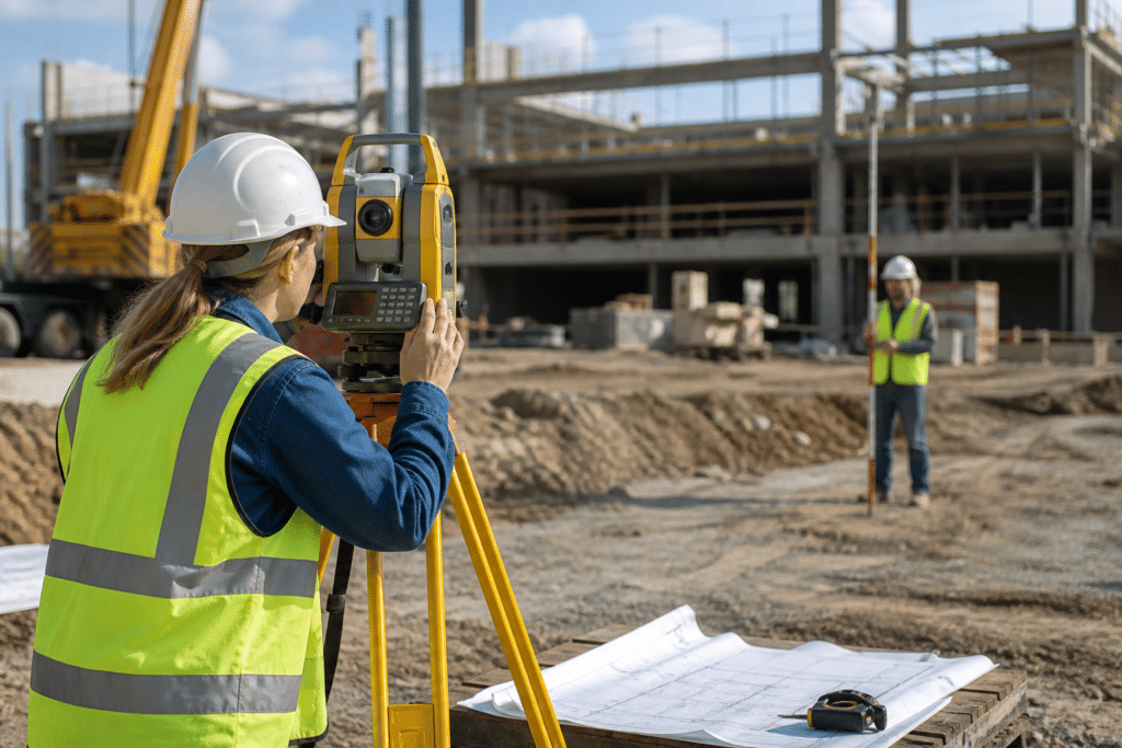 Surveying technician using a total station on a commercial construction site