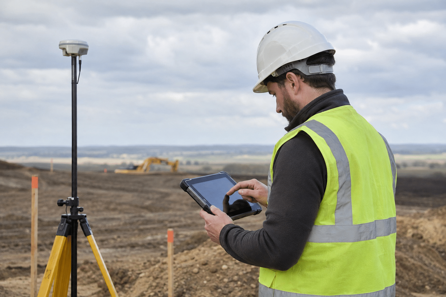 Surveying and mapping technician reviewing field measurements on a tablet