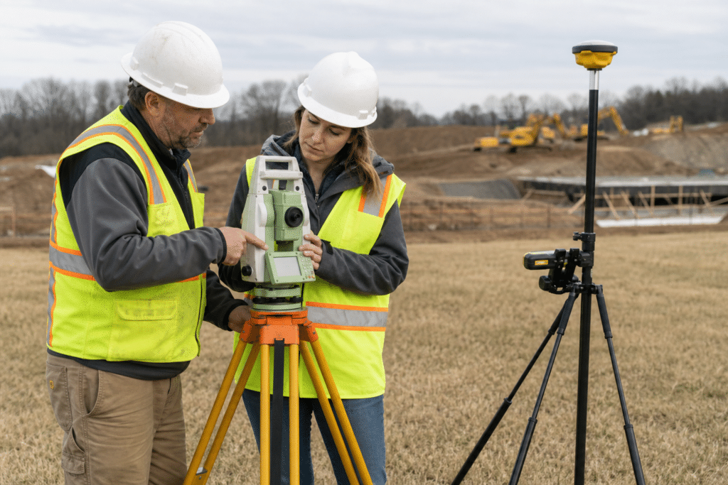 Experienced survey technician teaching an adult trainee to set up a total station