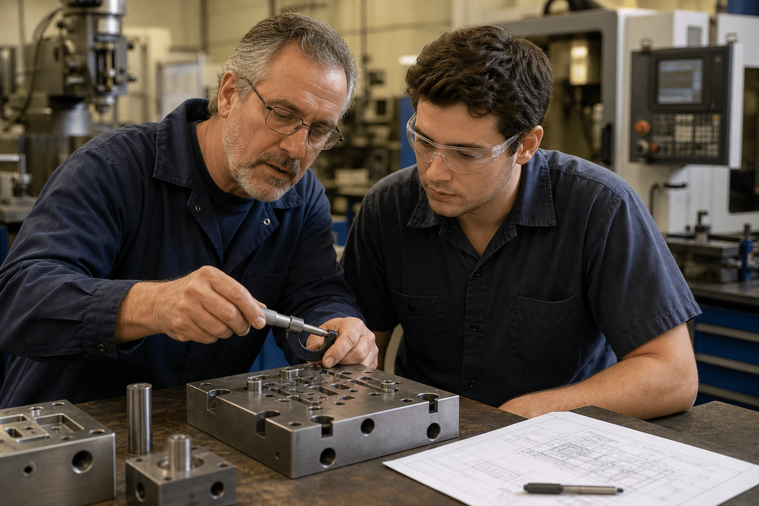 Experienced tool and die maker teaching an adult trainee to inspect a precision die component