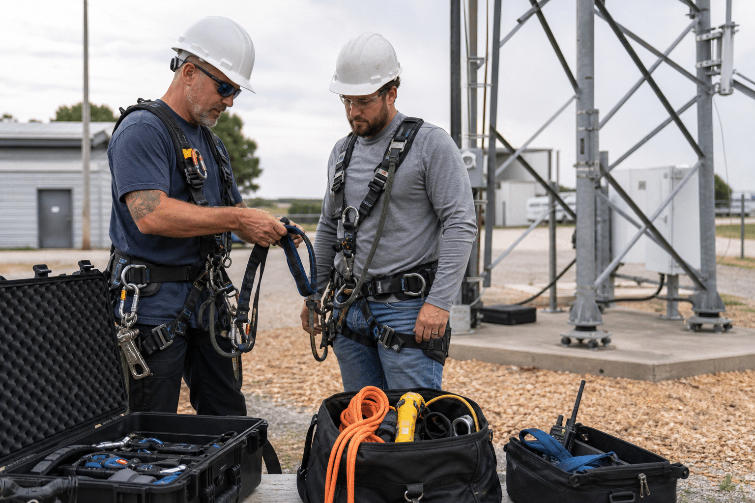Tower technician training on fall protection and rescue equipment