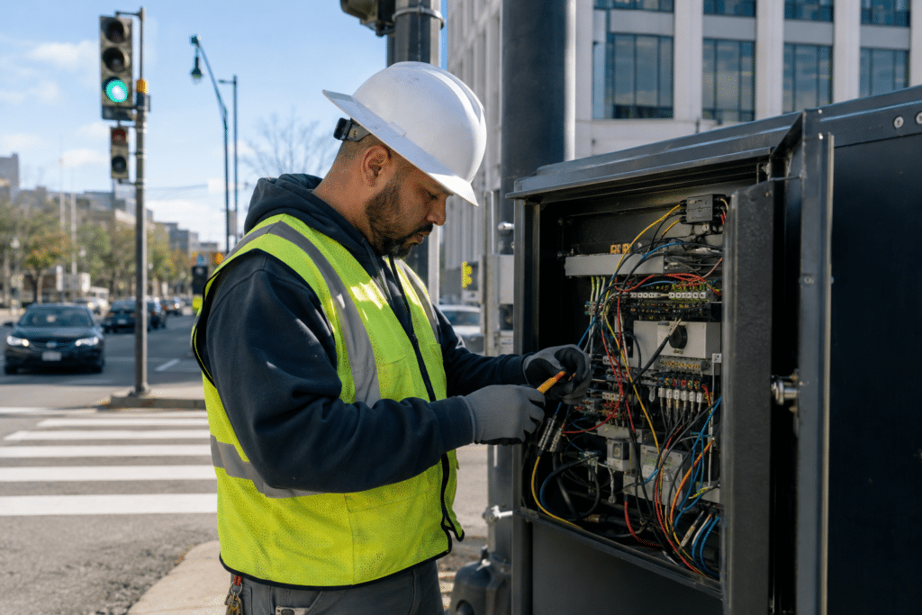Traffic signal technician inspecting a controller cabinet