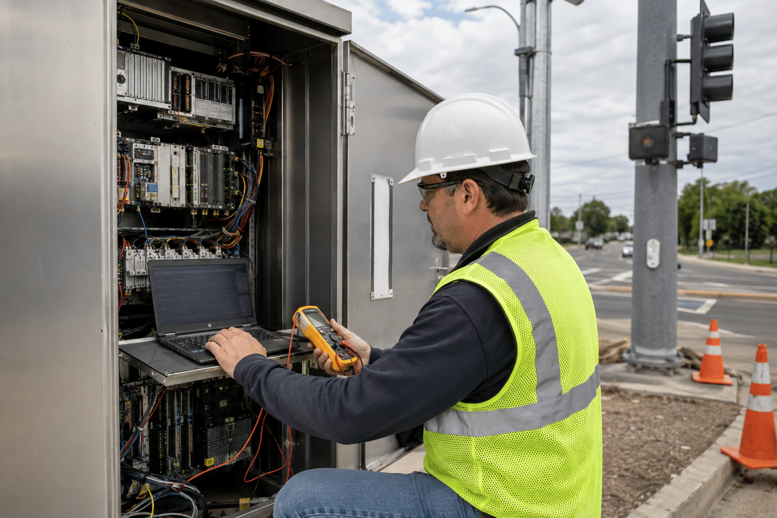 Traffic signal technician testing equipment at a controller cabinet