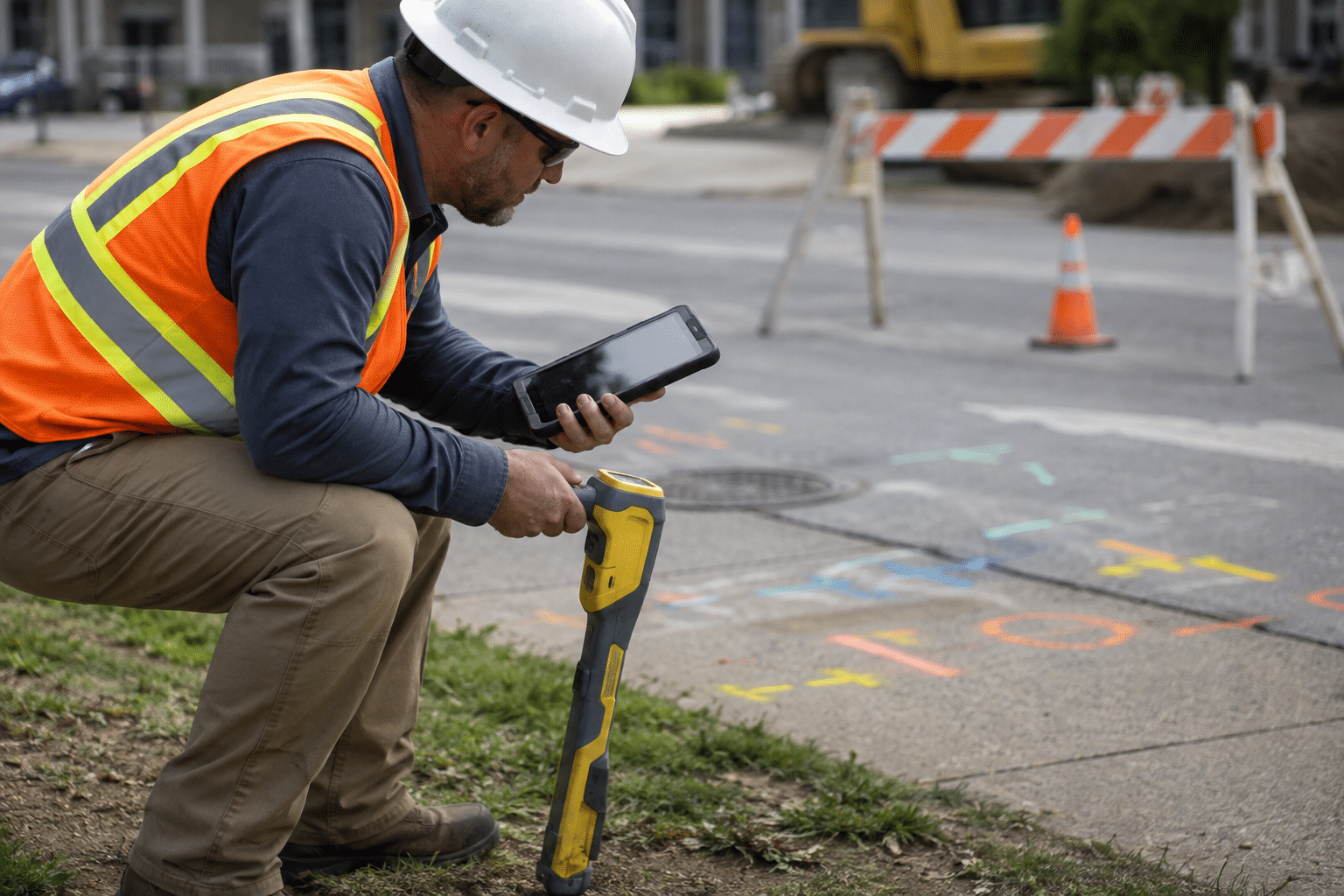 Utility locator checking underground service markings near roadwork