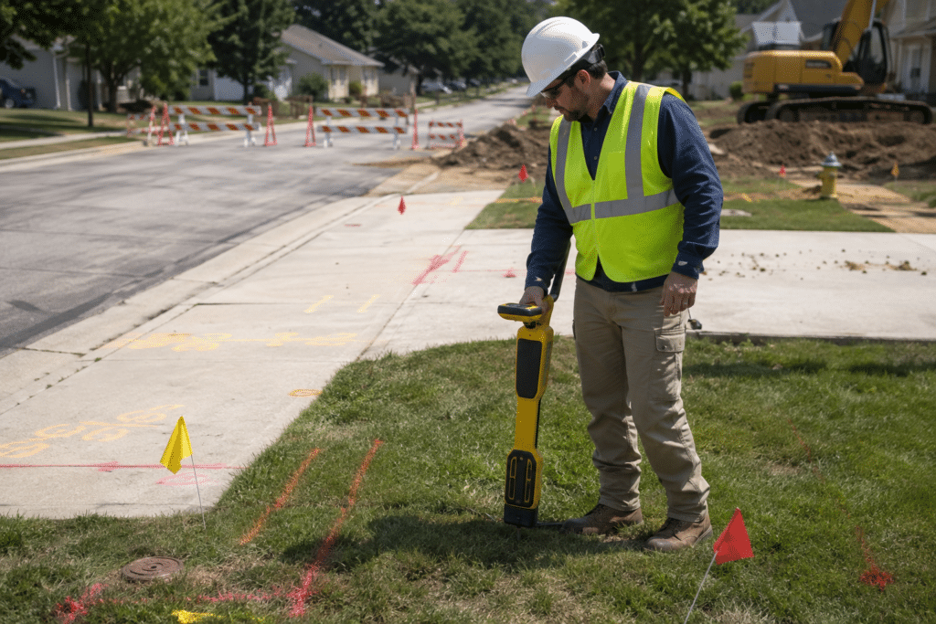 Utility locator using a receiver beside marked underground utility lines
