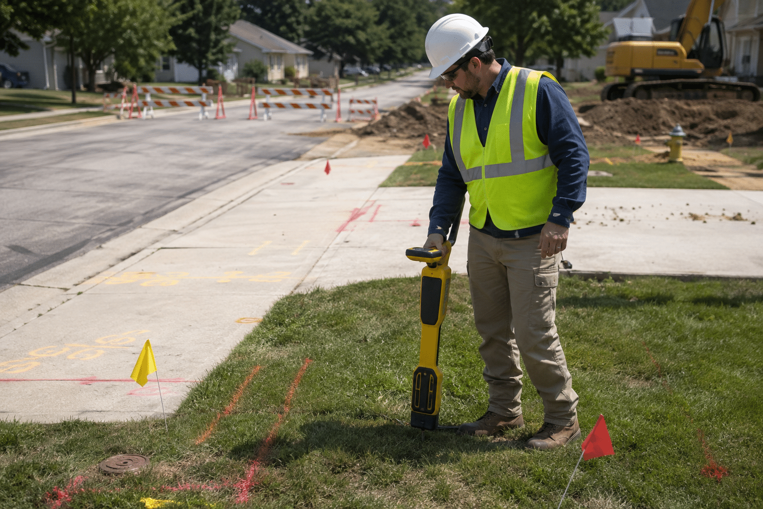Utility locator using a receiver beside marked underground utility lines