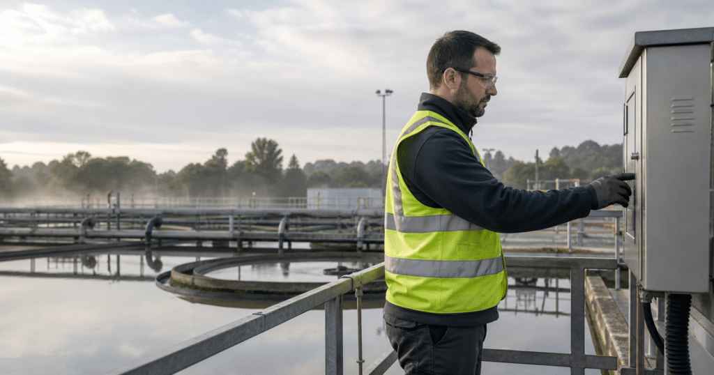 Wastewater operator inspecting a treatment plant control panel