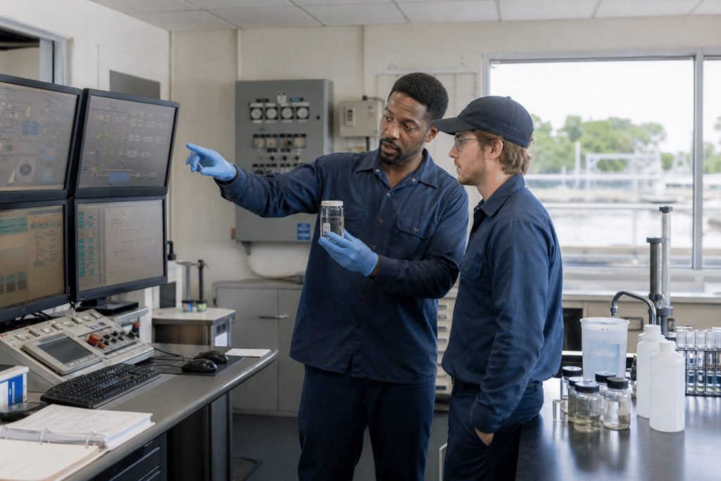 Wastewater operator mentor reviewing a sample and process screen with a trainee