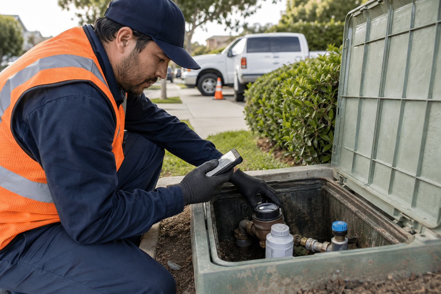 Water conservation technician checking a water meter