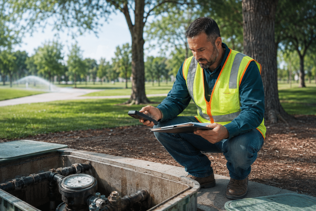 Water conservation technician inspecting park irrigation equipment