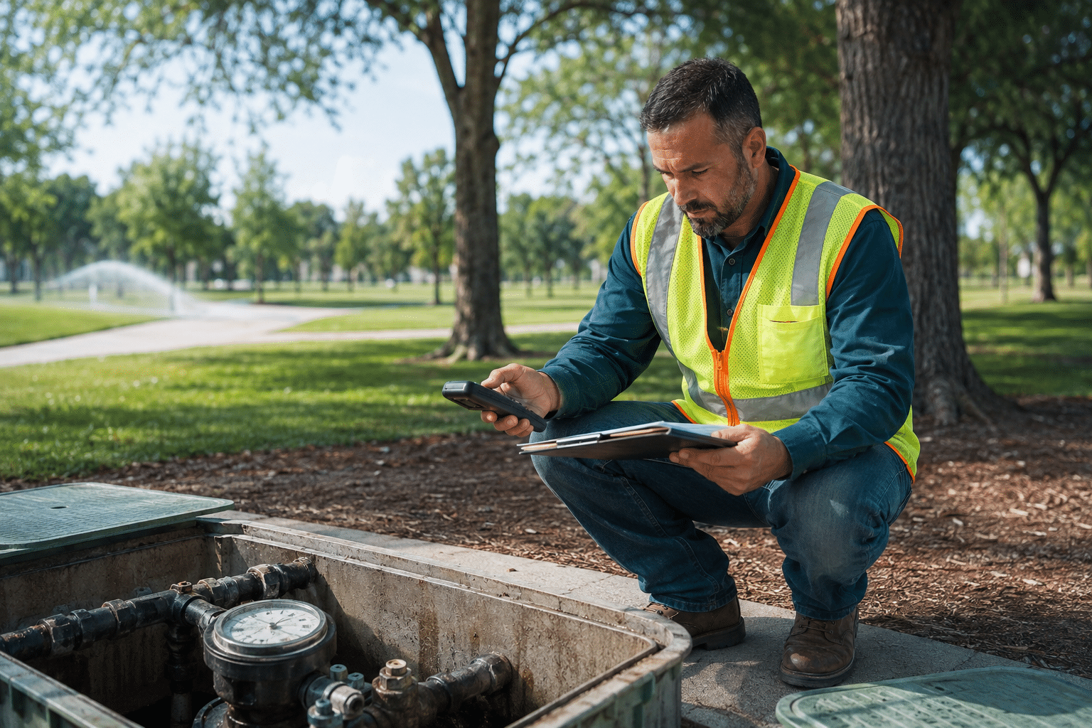 Water conservation technician inspecting park irrigation equipment