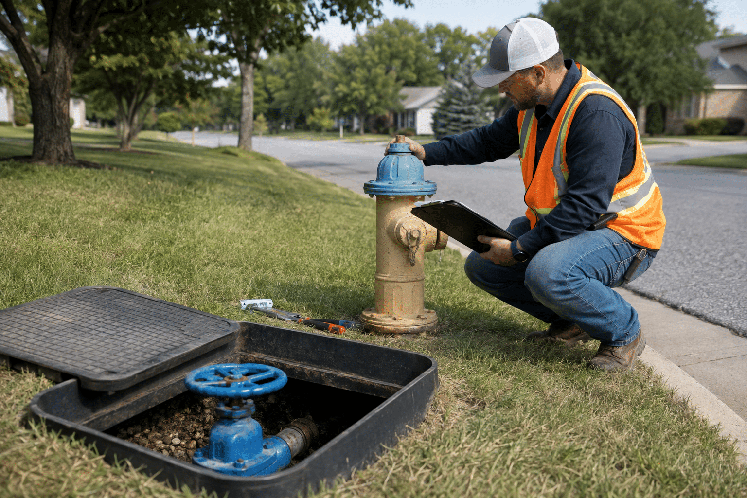 Utility worker practicing pipe assembly