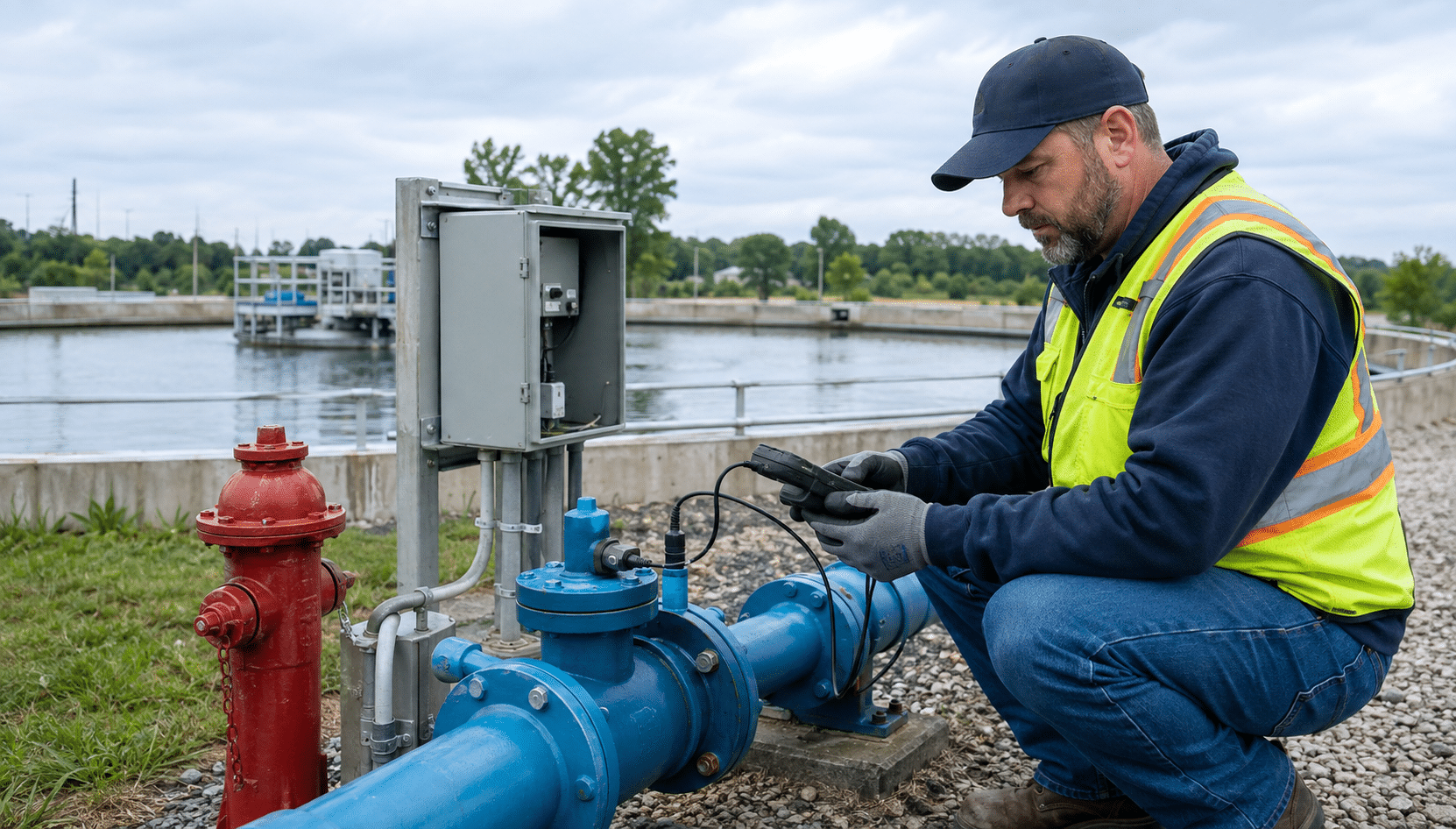 Water distribution operator inspecting a municipal pipeline beside a treatment facility