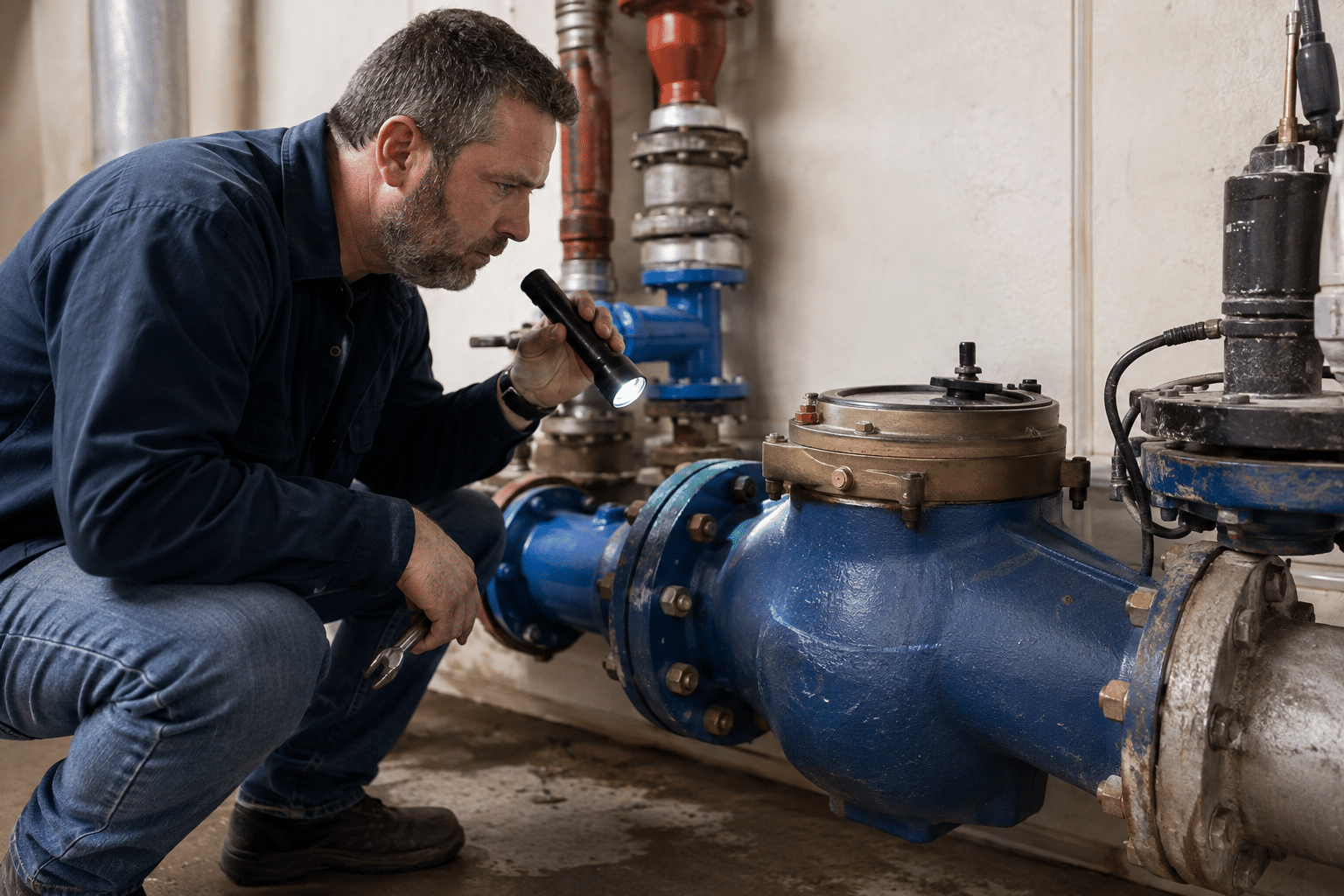 Water meter inspector checking a commercial meter