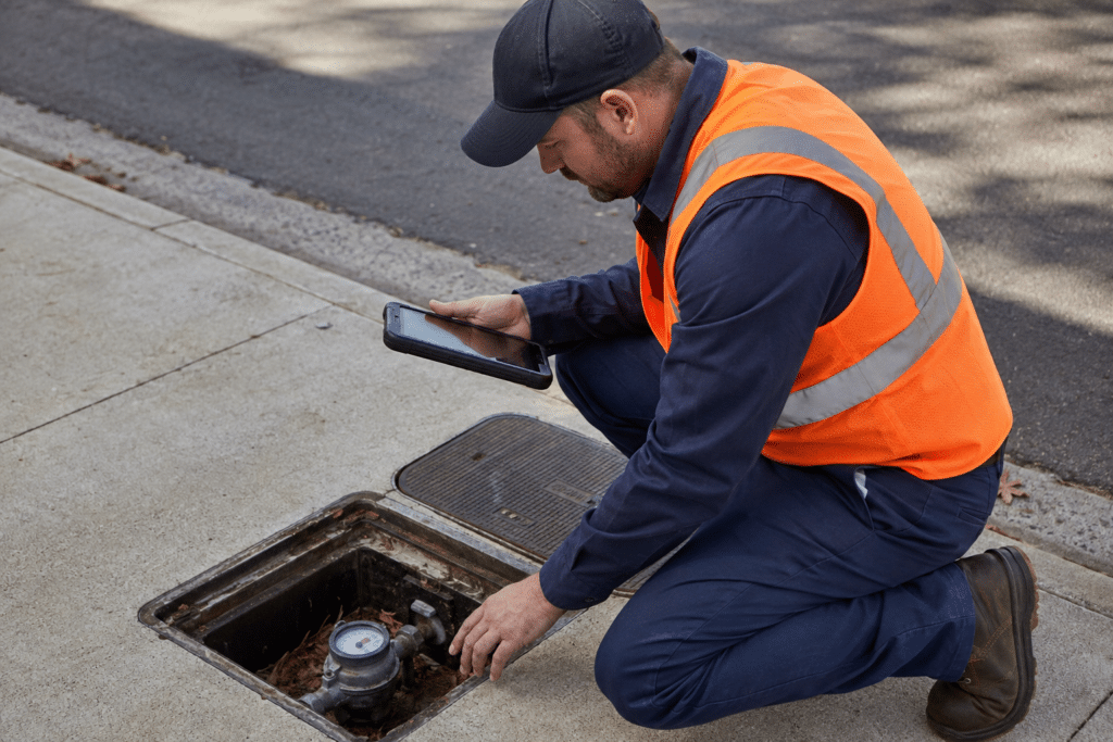 Water meter inspector checking a residential service meter