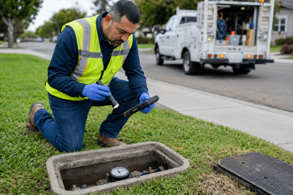 Water meter technician inspecting a residential water meter in a curb box
