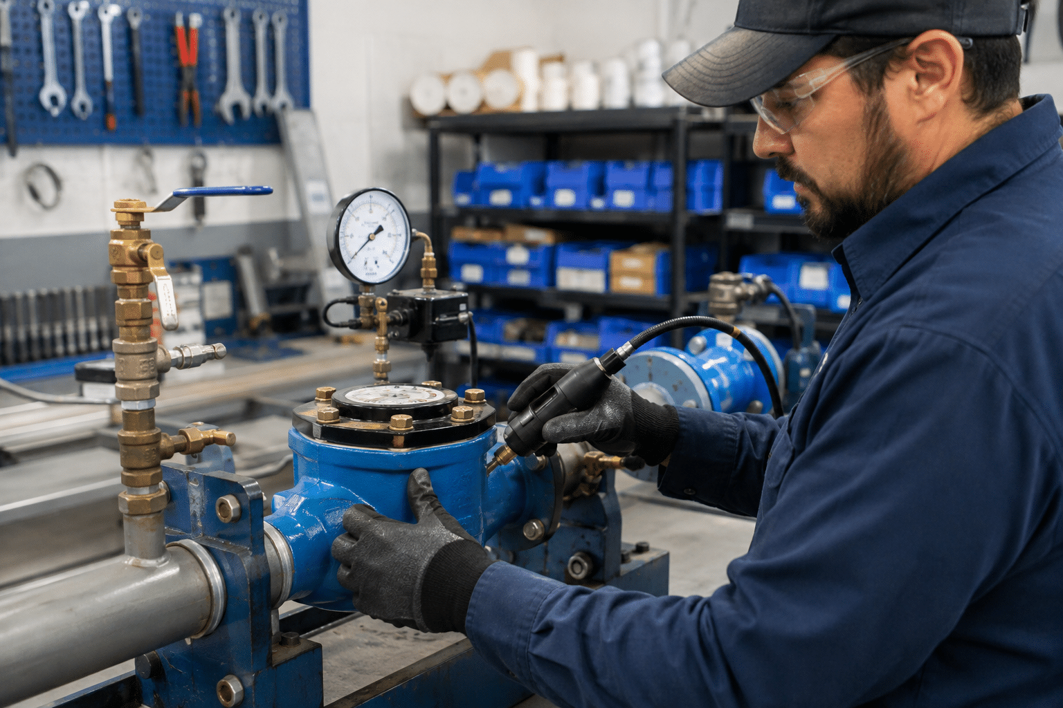 Water meter technician testing a commercial water meter assembly