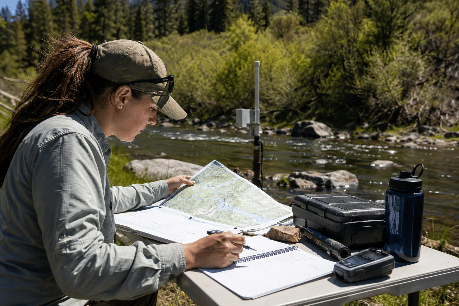 Water resource specialist reviewing watershed maps at a river monitoring site