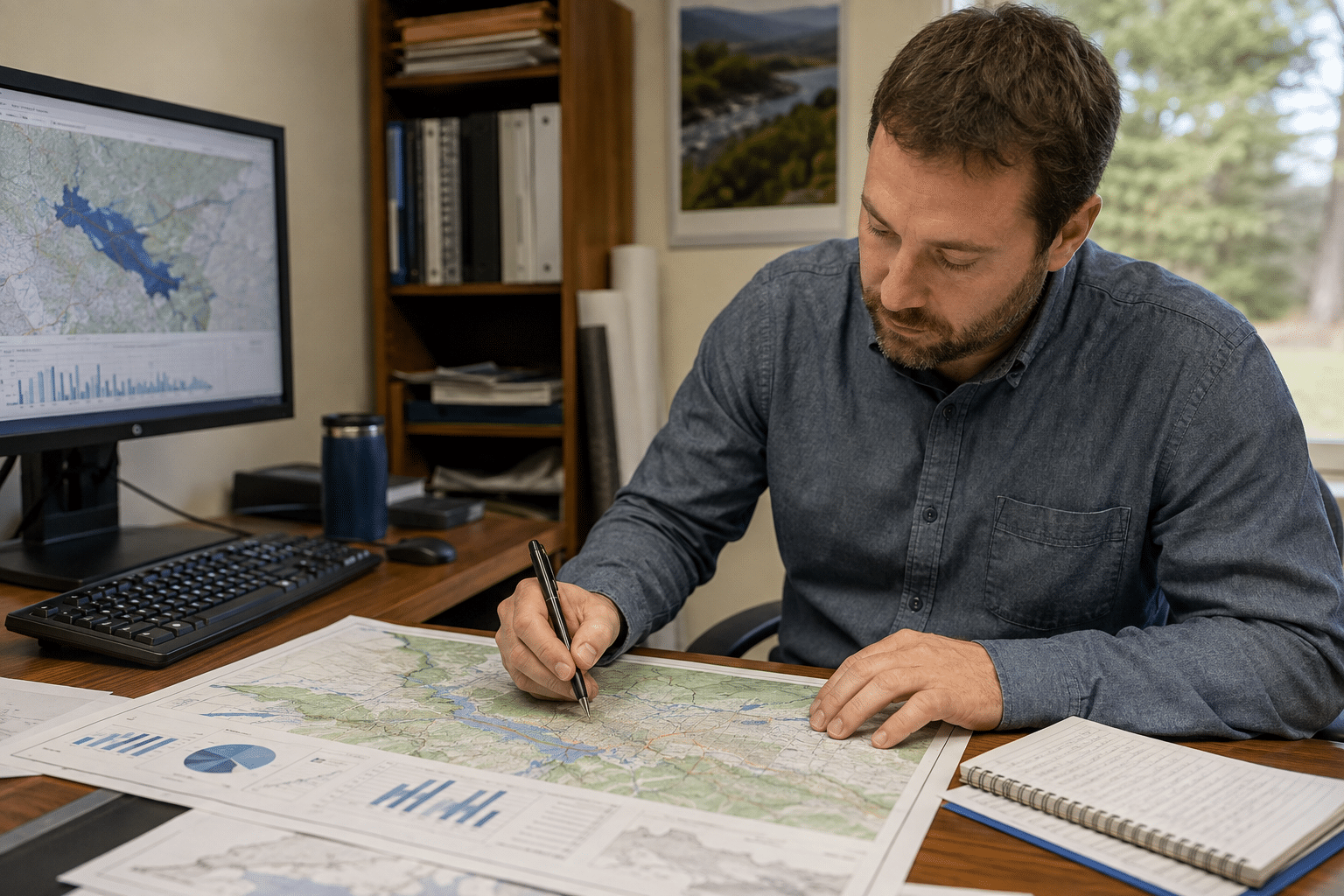 Water resource specialist reviewing watershed data and planning documents
