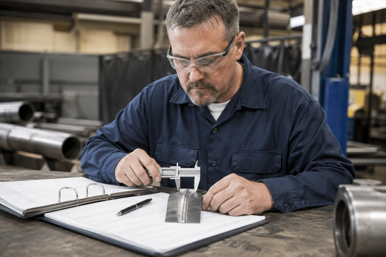 Welding inspector measuring a metal test coupon during quality control