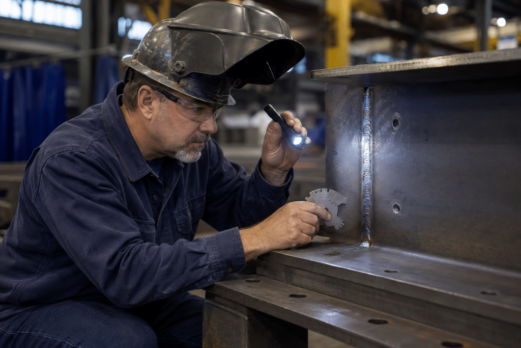 Welding inspector examining a welded steel joint with an inspection gauge