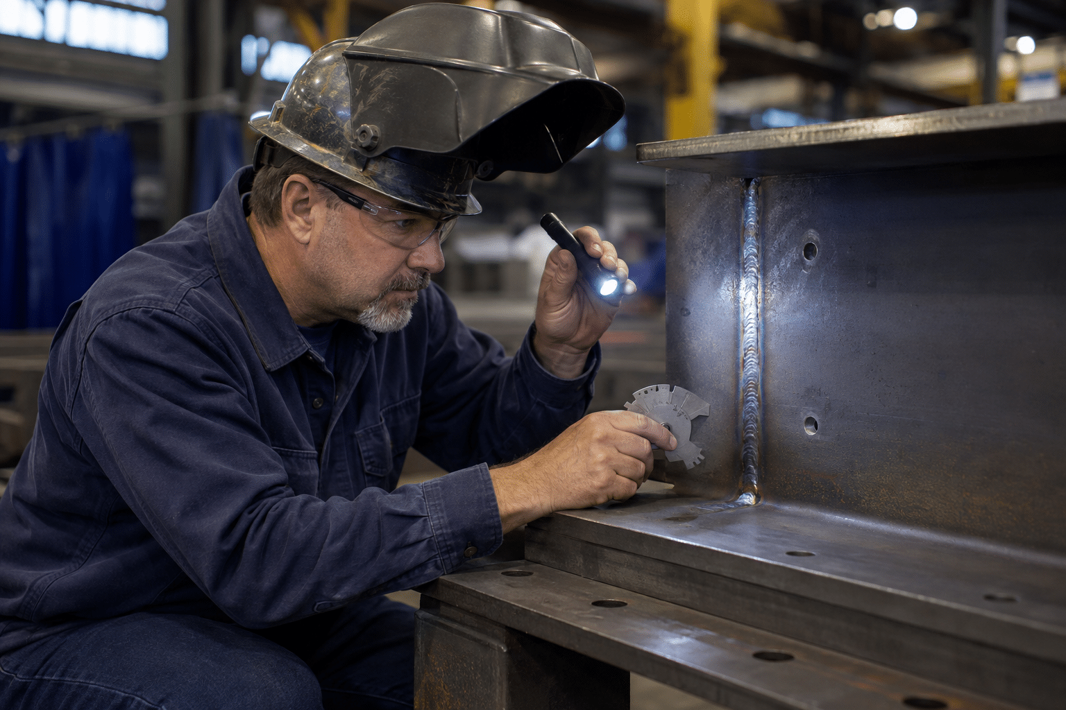 Welding inspector examining a welded steel joint with an inspection gauge